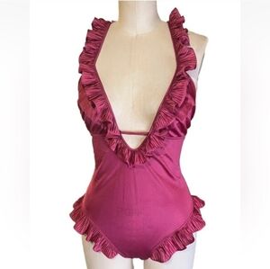 Vintage Maroon Ruffle Teddy Lingerie Medium 70s/80s 34” Bust 30” Waist 34” Hip